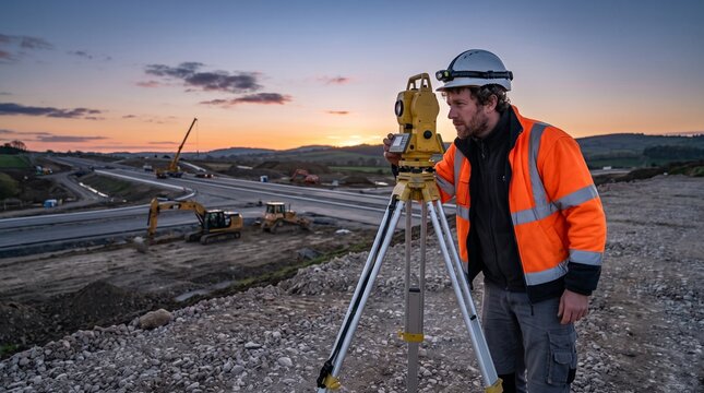 Land surveyor operating laser total station on highway construction site