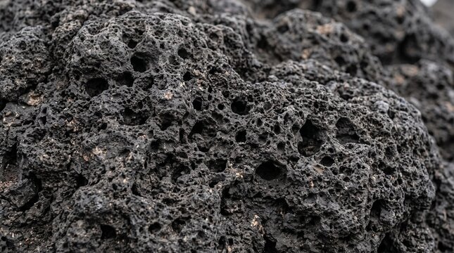 Porous volcanic lava basalt stone texture in dark charcoal grey