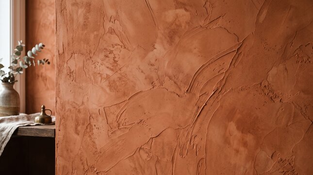 Artisanal Venetian plaster wall texture in warm terracotta clay color