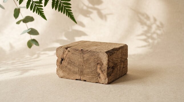Raw solid oak wooden block podium for product display with soft shadow