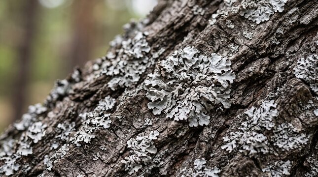 Macro detail of tree bark covered in pale silver lichen rosettes