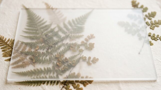 Frosted matte acrylic sheet diffusing silhouette of pressed fern leaves