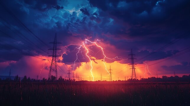 Dramatic lightning storm over a field with power lines.