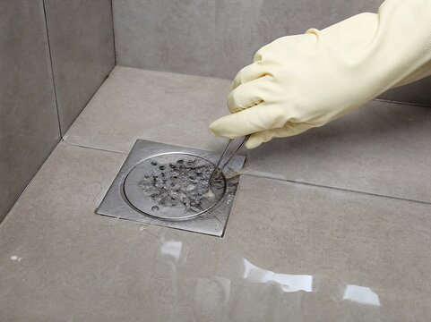 Removing hair from a clogged bathroom floor drain