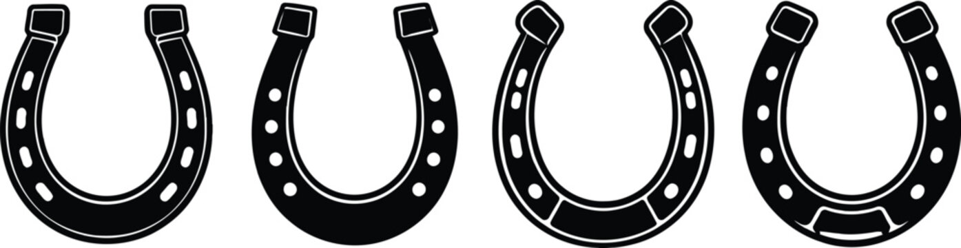 Four different black horseshoe silhouette vector variations with distinct nail hole pattern design.