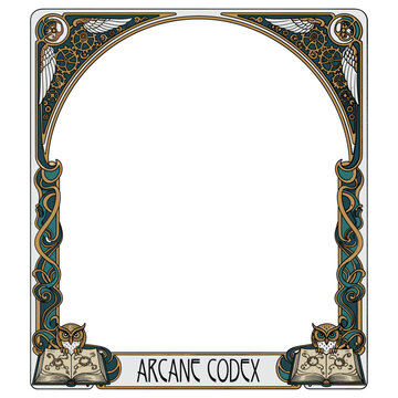 Art Nouveau fantasy frame with owls and arcane codex