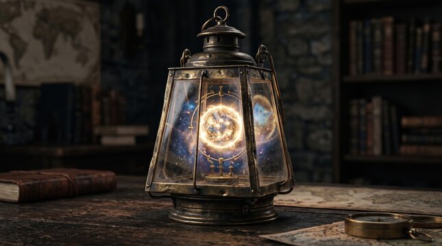 Antique lantern holding a glowing cosmic star for vintage decor or mystical ambiance