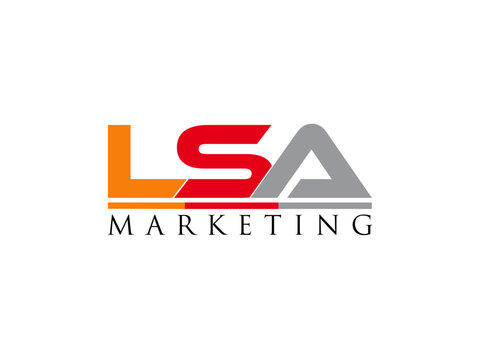 Lettering logo with the letters lsa and marketing text on white background