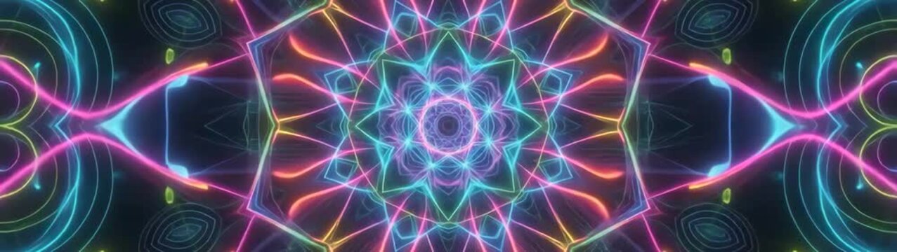 Psychedelic kaleidoscope pattern with neon light trails abstract motion background with glowing energy lines and symmetrical geometric shapes.