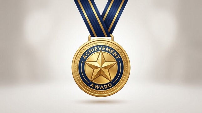 Shiny gold achievement medal with star icon and blue ribbon for business success, victory, and employee recognition hanging against a neutral blurred background with soft light, professional design