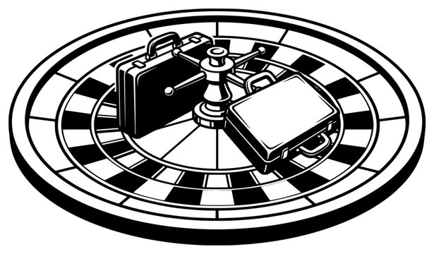 Business briefcases on roulette wheel symbolizing chance risk and decision making vector illustration