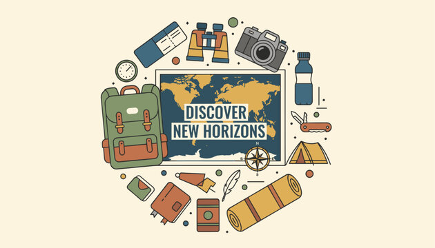 Circular arrangement of travel and camping equipment icons surrounding a world map with the phrase discover new horizons.