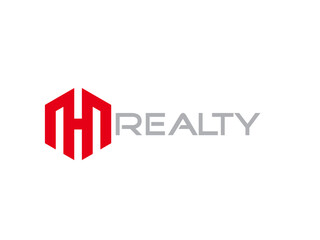 Obraz premium Red geometric logo featuring the letters m and h with the word realty