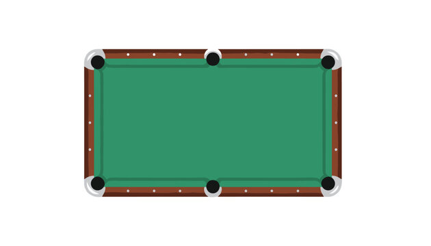 Detailed top view illustration of a green felt billiard table with six pockets and rich wooden borders.