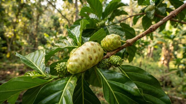 Close-up of unripe noni fruit growing on a tree branch with lush green leaves in a natural outdoor environment.