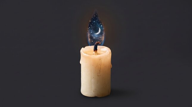 Close-up of a burning candle with a miniature night sky scene on the flame