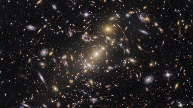 A stunning deep field view of a massive galaxy cluster, showcasing numerous galaxies and the effects of gravitational lensing across the cosmos.
