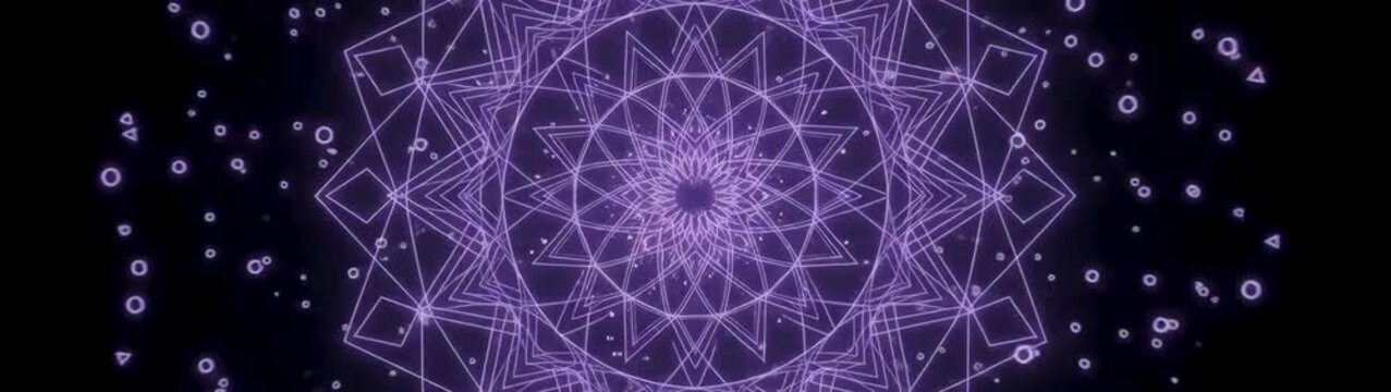 Sacred geometry and mindfulness concept glowing purple mandala pattern rotating in a abstract spiritual meditation background with neon light lines.