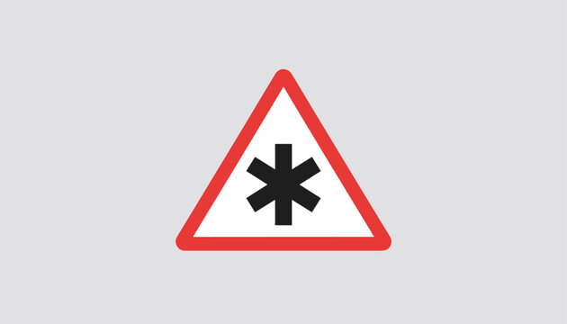 Caution road sign shaped like a red and white triangle showing a black asterisk symbol in the center on a solid grey background.