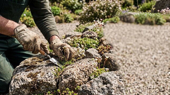 Gardener weeding between rocks in a rock garden using a small trowel. Landscape maintenance work