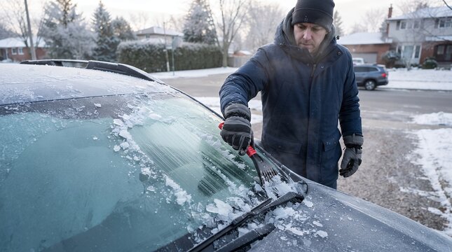 A man bundled in winter clothing scrapes a thick layer of ice and snow from the windshield of his car on a cold, frosty morning.