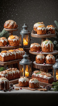 Traditional Christmas fruitcakes and panettone displayed on wooden stands with glowing lanterns