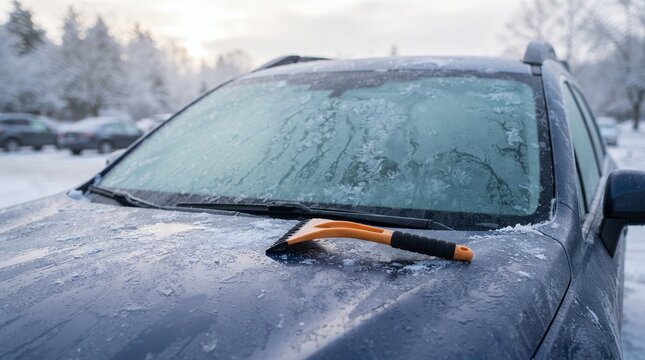 Close-up of a dark blue car covered in thick ice and frost with an ice scraper on the hood during a cold winter morning.
