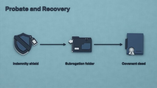 During probate, indemnity absorbs an estate loss, subrogation pursues recovery, and a covenant deed records binding obligations in a staged sequence. In flat 3D style.