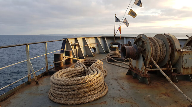 Coiled mooring rope neatly arranged on a steel ship deck beside winches and bollards, nautical equipment bathed in soft light with calm sea visible beyond; industrial, maritime and travel atmosphere.