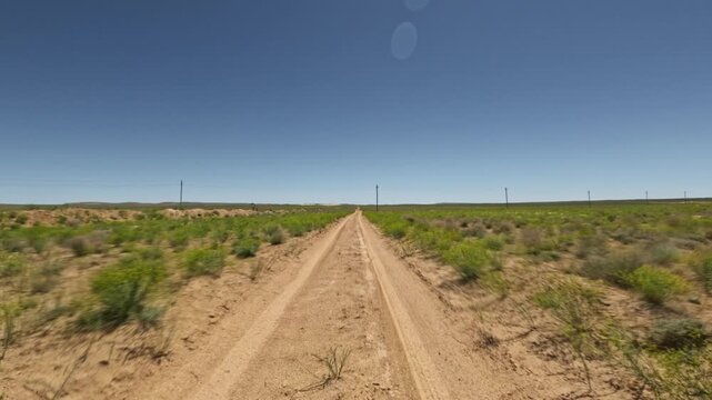 Camera moving forward along a dirt road through an arid plain