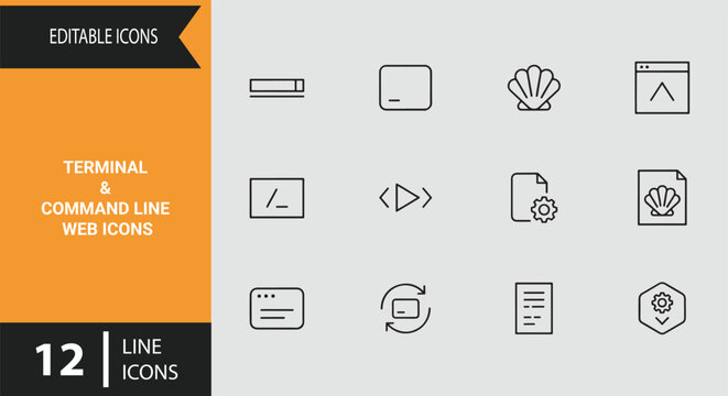 Classic Terminal and Command Line Web Line Icons Set for System Administrators and Programmers