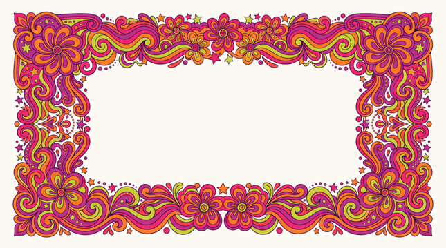 Decorative rectangular frame with colorful floral and paisley patterns in a psychedelic retro style.