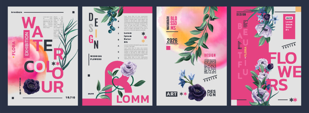 Watercolor flower poster. Typographic plant design. Fashion wear. Graphic cover, botanical blossom. Nature calligraphy label. 3d isolated floral elements, brochure design set. Print exact blooms