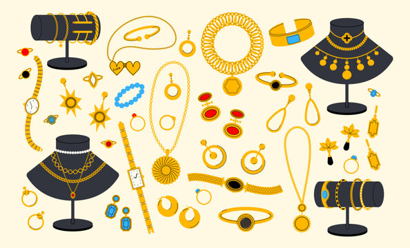 Gold jewelry. Necklace pendant gemstone chain. Diamond precious accessory. Gem earring, bracelet for wedding, retail assortment presentation. Cartoon fashion golden premium set. Vector garish luxury