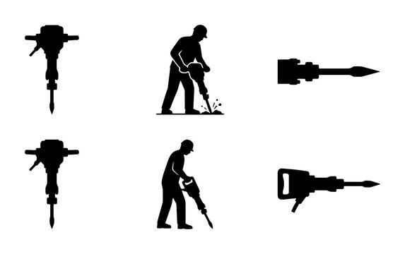 Jackhammer vector icon set, construction worker operating pneumatic drill, demolition tool silhouette collection