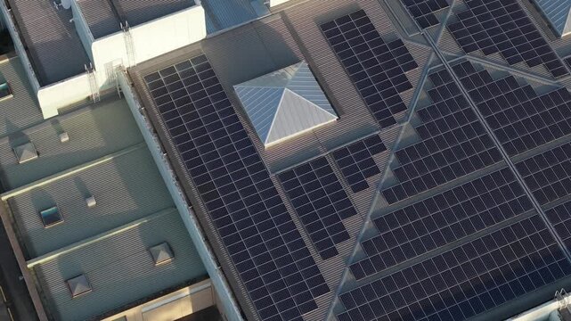 Melbourne, VIC, Australia - 03 September 2026: Aerial view of solar panels installed on the roof of the Knox Data Centre.
