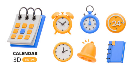 Fototapeta na wymiar 3D calendar. Clock planner. Office emoji. Object bell, schedule, notepad. Icon social media. Cute sign watch, productivity symbol date notes. Vector design render isolated time management elements