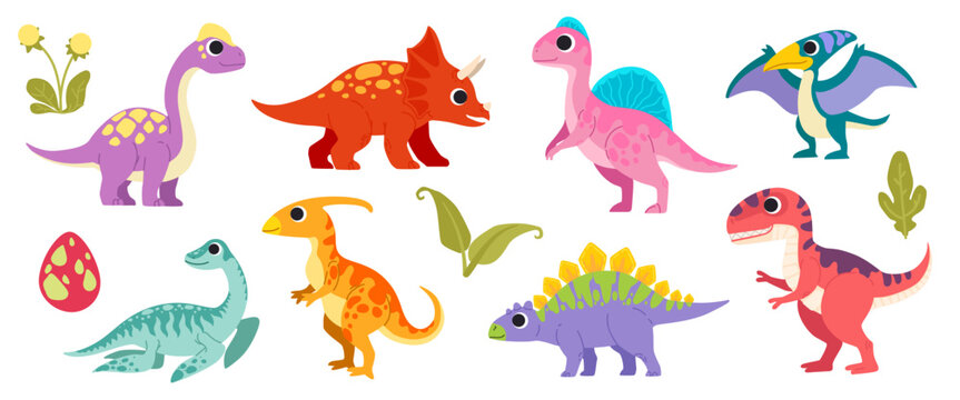 Cute cartoon dinosaur. Dino characters. Ancient comic reptile. T-rex, stegosaurus. Childish dino. Kid funny animal. Colorful prehistoric monsters, playful character, decorative vector isolated set
