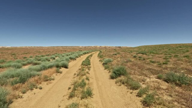 Forward motion along a dirt road in arid landscape