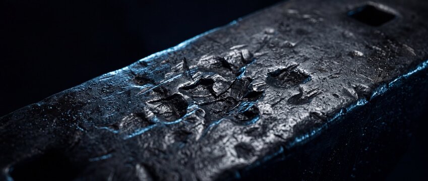 Damaged anvil surface with deep hammer marks and cracks shows textured dark forged steel texture reflecting dim blue light in blacksmith workshop background.