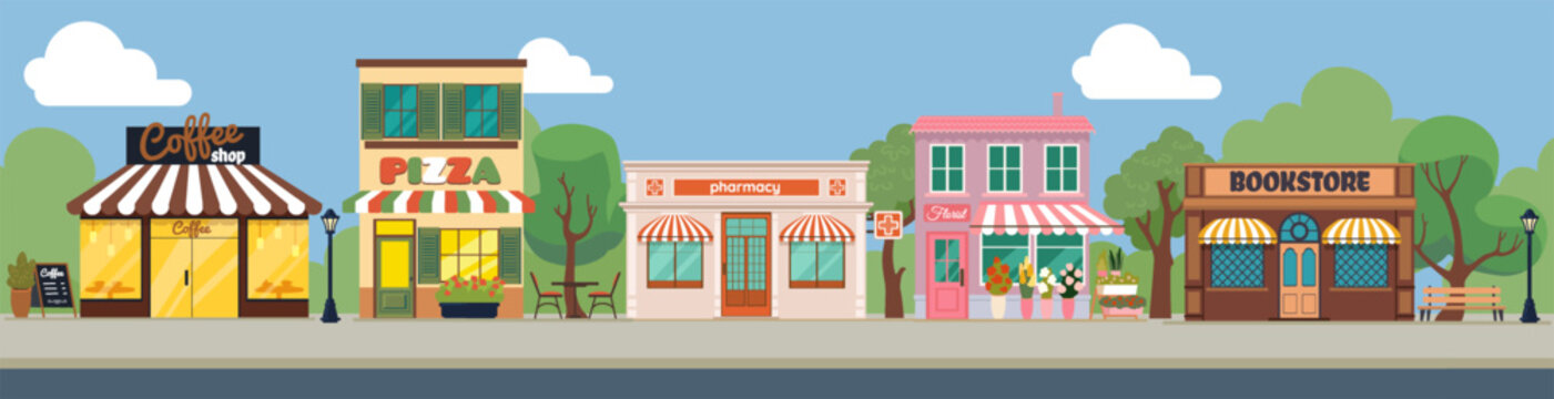 Shop street. Cute small business. Landscape house of commerce. Building in town. Store, cafe, apartment downtown. Neighborhood city scene. Vector background, cartoon flat style isolated illustration