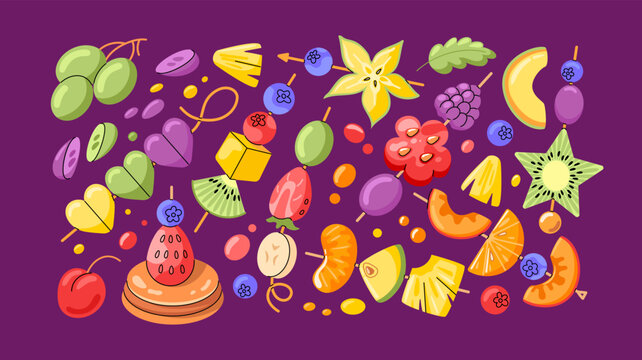 Fruit canape. Berry skewer. Sweet food with strawberries. Blueberry on stick, raspberry. Watermelon mix, dragon fruit on brochette, snack assortment. Vector cartoon flat style isolated illustration