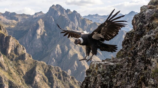 An Andean condor with outstretched wings landing on a rugged cliff overlooking a vast, majestic mountain range under a cloudy sky.