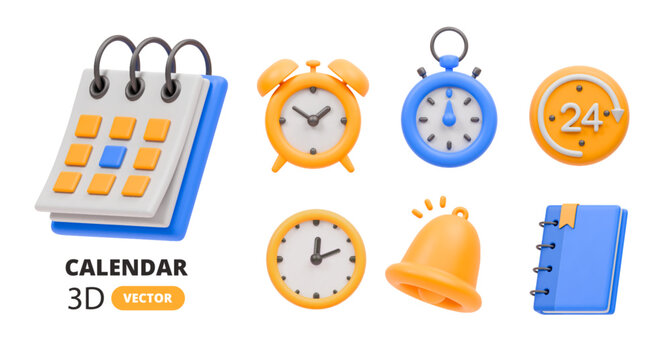 3D calendar. Clock planner. Office emoji. Object bell, schedule, notepad. Icon social media. Cute sign watch, productivity symbol date notes. Vector design render isolated time management elements