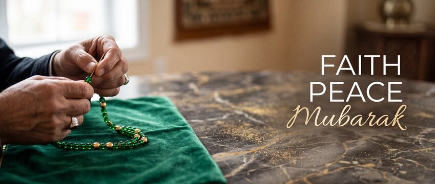 Muslim hands holding prayer beads green tasbih praying on marble table for Eid Ramadan Mubarak holiday greeting card background layout with spiritual faith peace concept and gold details