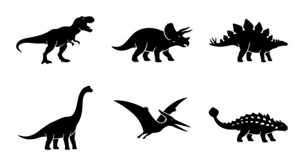 Six Dinosaur Silhouettes: Tyrannosaurus Rex, Triceratops, Stegosaurus, Brachiosaurus, Pterodactyl, Ankylosaurus Vector Icons © Moli