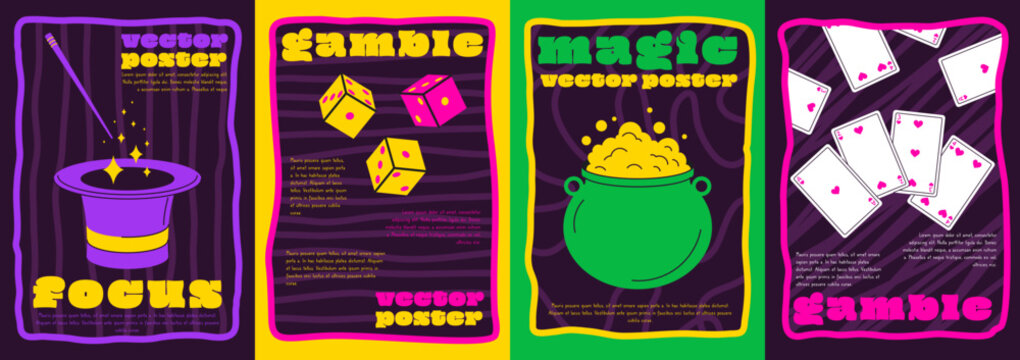 Magic poster. Focus of magician, fantasy hat. Mystery of witch, potion. Wizard trick with card. Playing dice. Colorful element for sorcerer vector garish flyer cartoon flat style isolated illustration