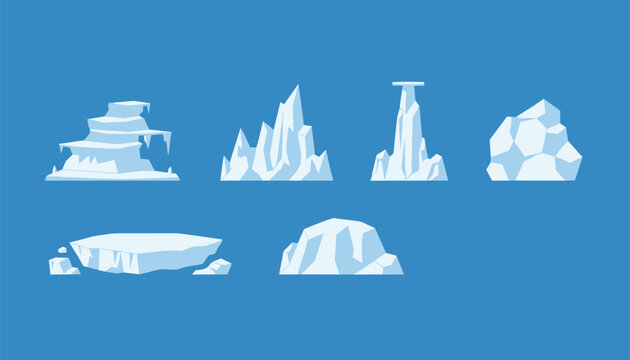 Various icebergs and frozen glaciers shapes isolated on flat blue background vector cartoon illustration.