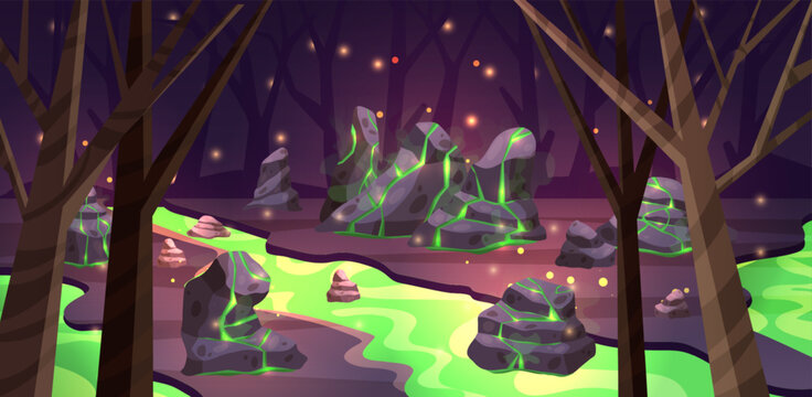 Fantasy landscape cartoon. Light stone. Mineral rock. Magic forest. Green puddles with neon stream. Crystals mountain with river, vapor and sparks environment. Vector game garish horizontal background