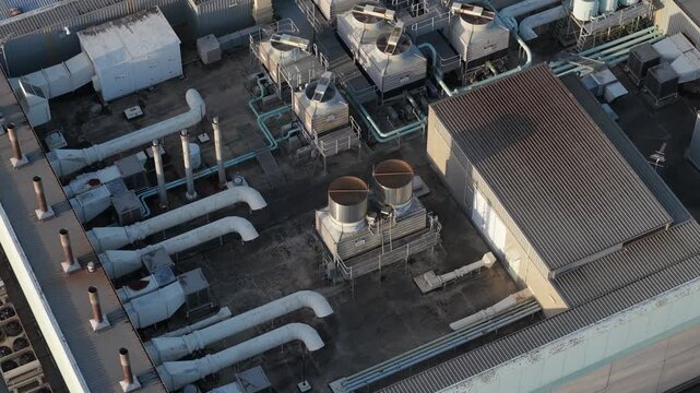 Melbourne, VIC, Australia - 03 September 2026: Aerial view of Knox Data Centre rooftop featuring industrial cooling towers and HVAC ventilation systems.